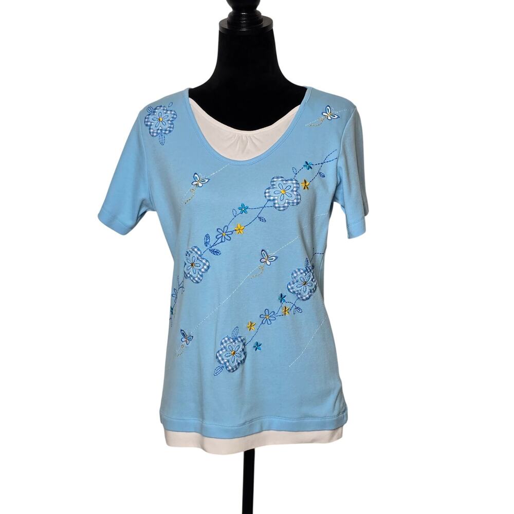 Janine Blue Gingham Floral Embroidered Butterfly Top M